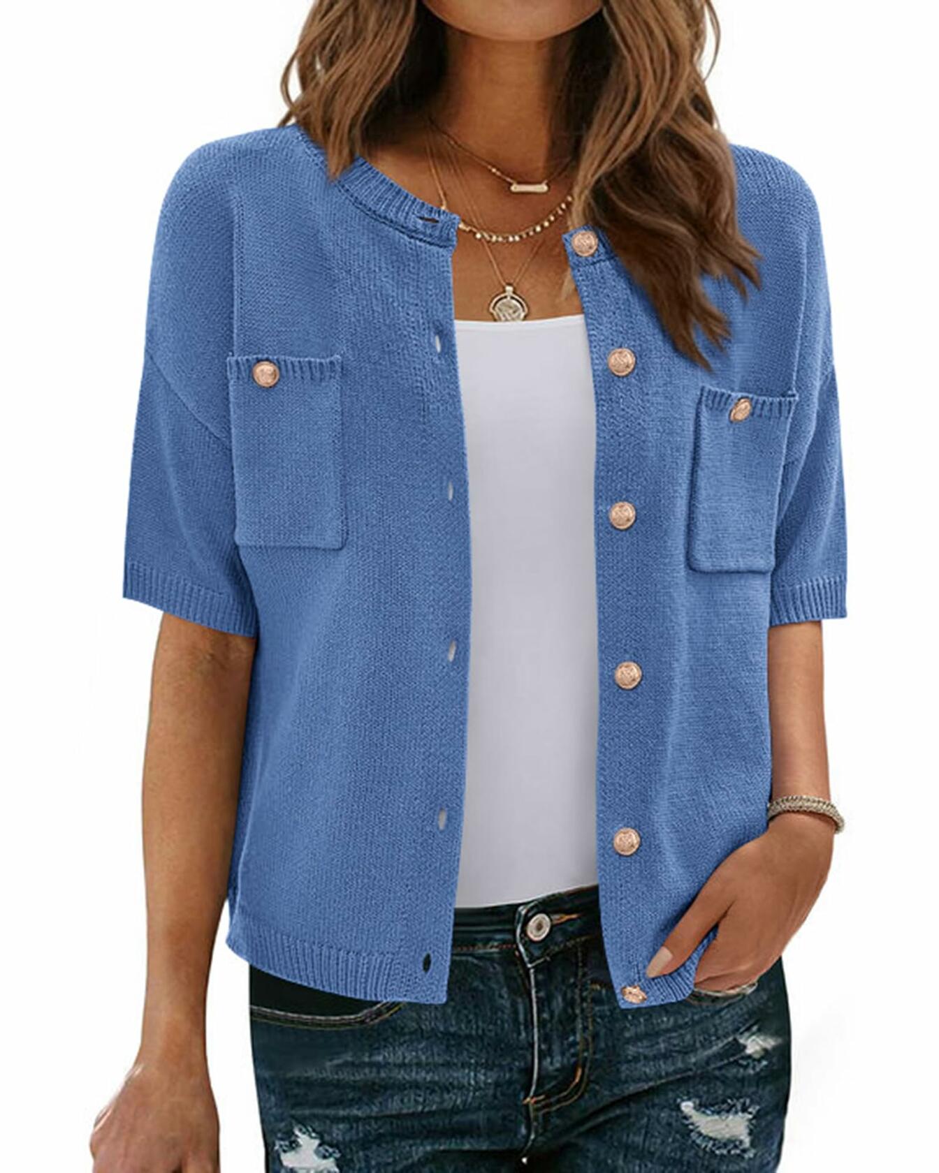 BTFBM Women's Short Sleeve Button Up Cardigan Sweater Blue Size S