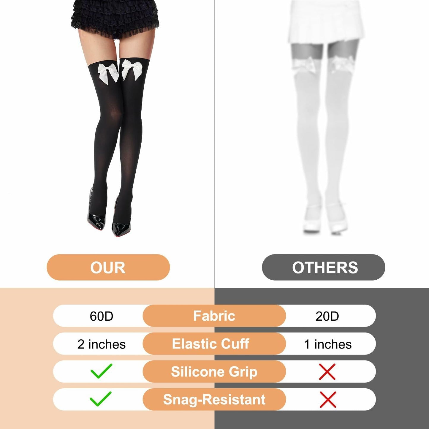 YIGETA Knee High Socks Bow Hold-ups Snag-Resistant Black White