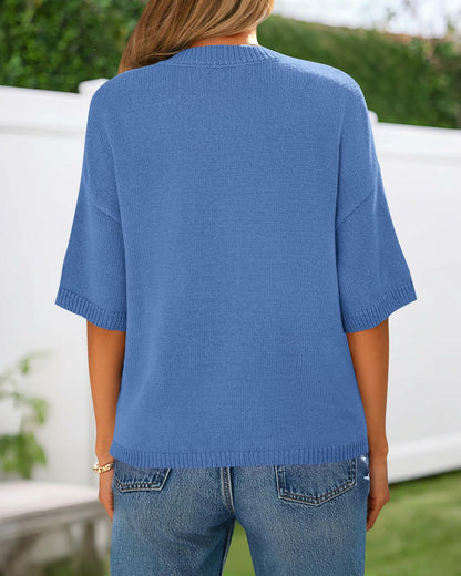 BTFBM Women's Short Sleeve Button Up Cardigan Sweater Blue Size S