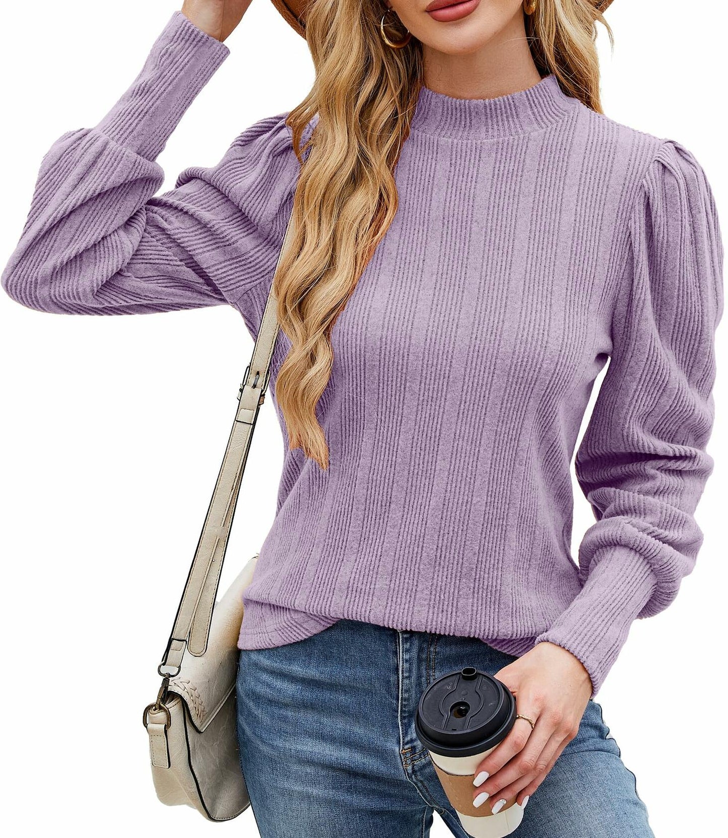 JUSTFASHIONNOW Womens Ribbed Knit Puff Sleeve Sweater Purple Size XL