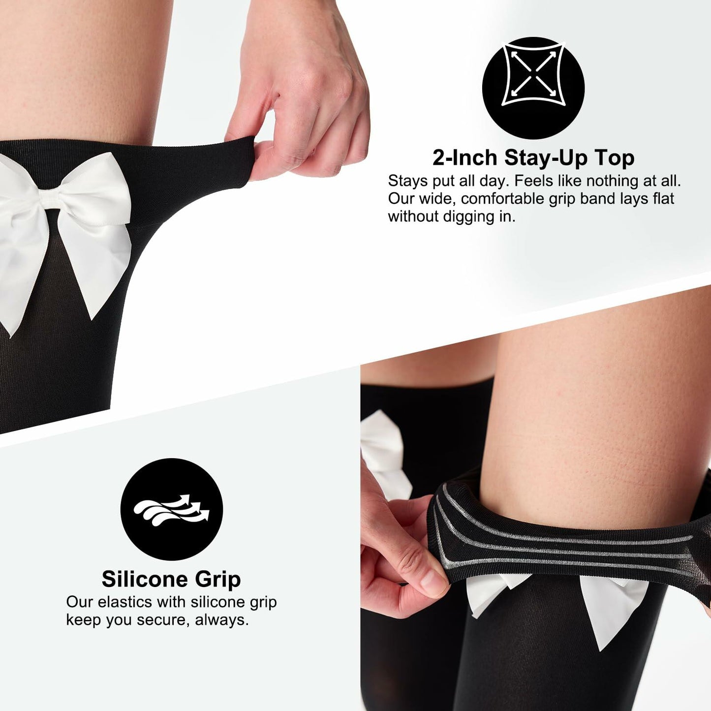 YIGETA Knee High Socks Bow Hold-ups Snag-Resistant Black White