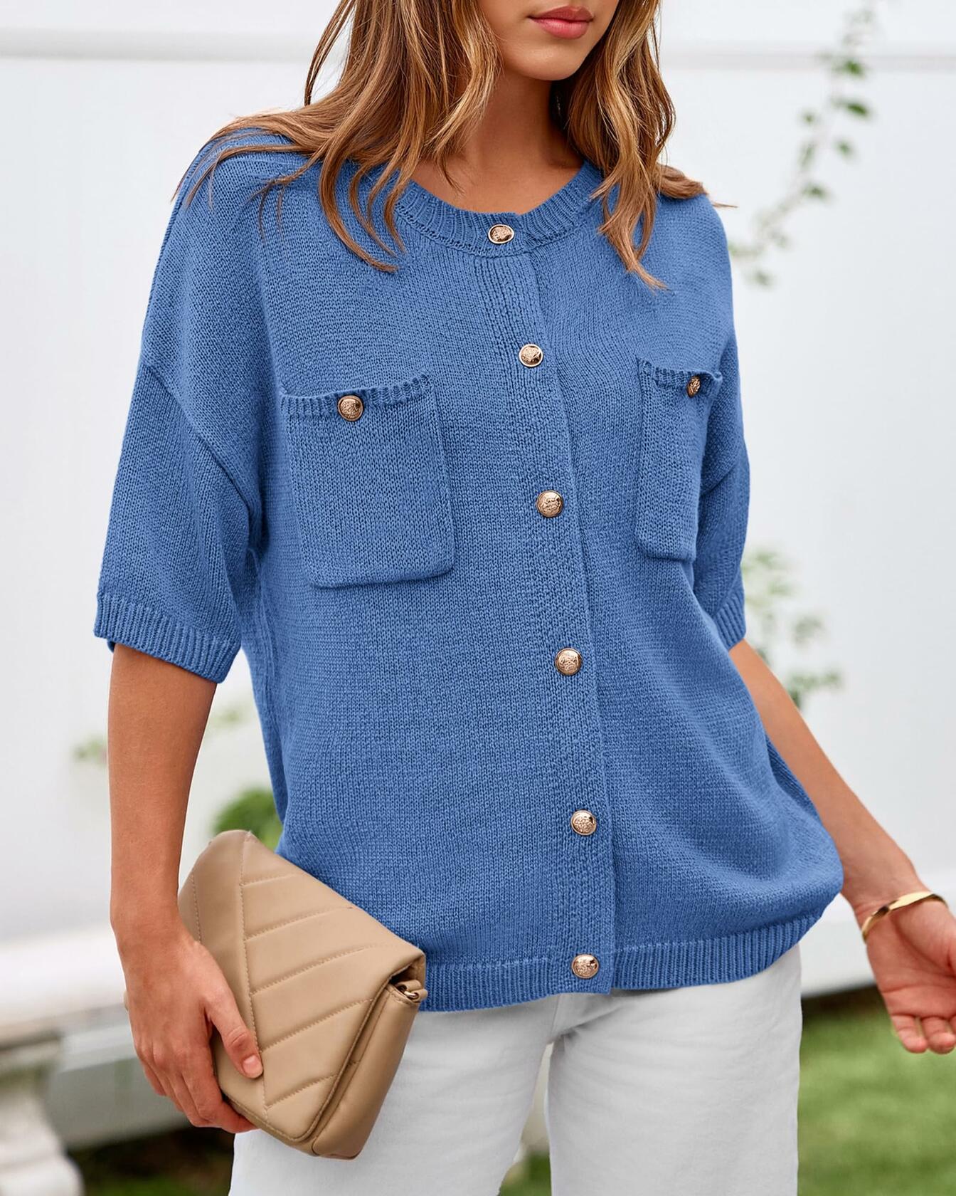 BTFBM Women's Short Sleeve Button Up Cardigan Sweater Blue Size S