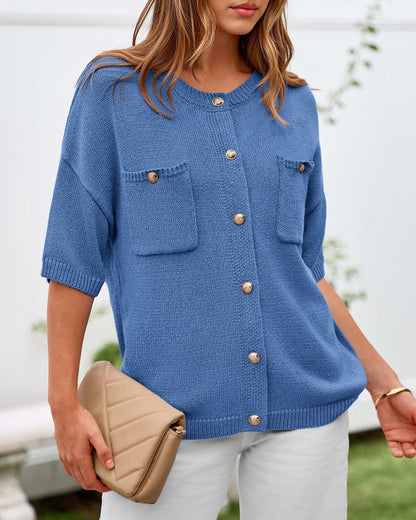 BTFBM Women's Short Sleeve Button Up Cardigan Sweater Blue Size S