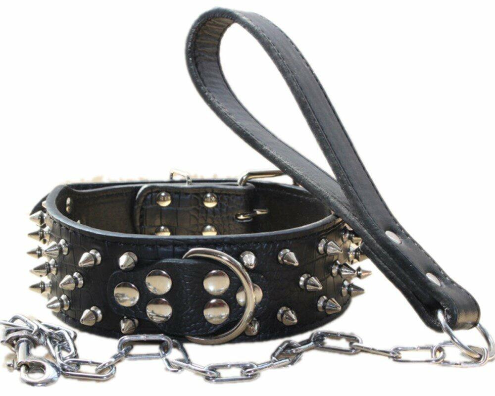 haoyueer Leather Spiked Studded Dog Collar & Chain Leash Set XL Black
