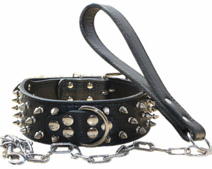 haoyueer Leather Spiked Studded Dog Collar & Chain Leash Set XL Black