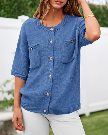 BTFBM Women's Short Sleeve Button Up Cardigan Sweater Blue Size S