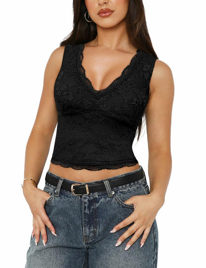 SAUNGKUAI Women's Sexy V Neck Sleeveless Lace Floral Top Bluenova Size L