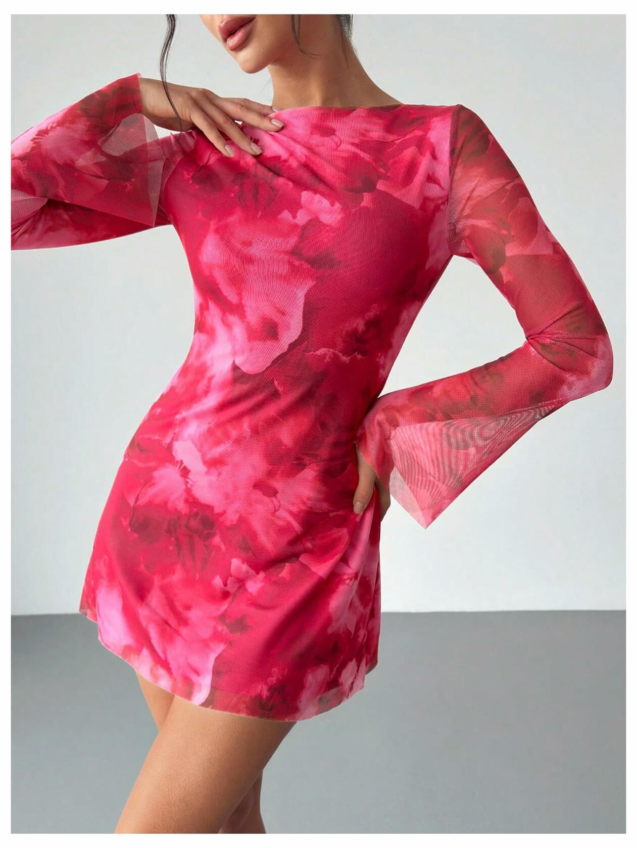 Milumia Women's Floral Bell Sleeve Mini Dress Boat Neck Pink Size M