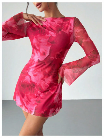 Milumia Women's Floral Bell Sleeve Mini Dress Boat Neck Pink Size M
