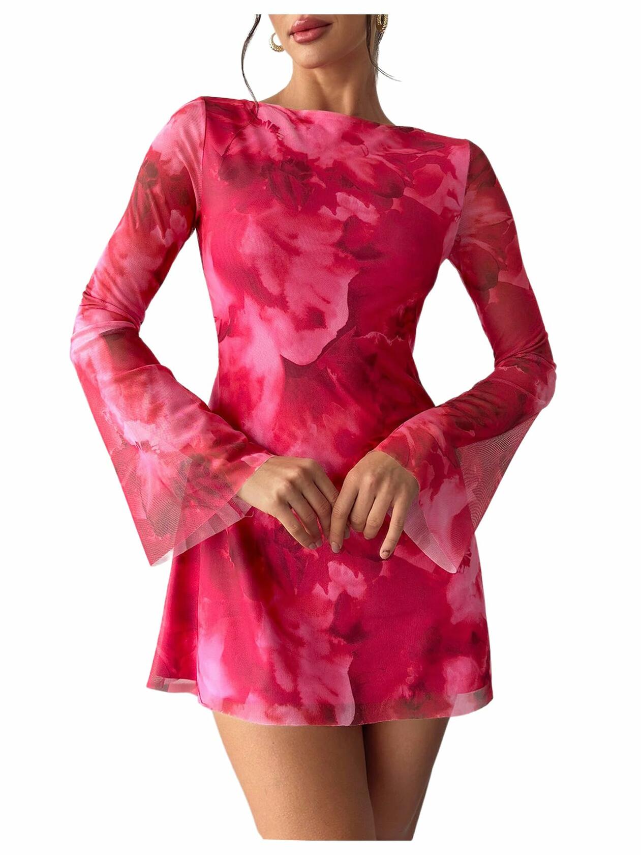 Milumia Women's Floral Bell Sleeve Mini Dress Boat Neck Pink Size M