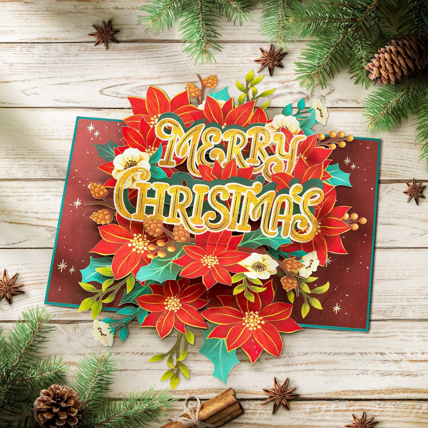 POPWOW Christmas Floral Poinsettia 3D Pop Up Card 5x7 with Envelope