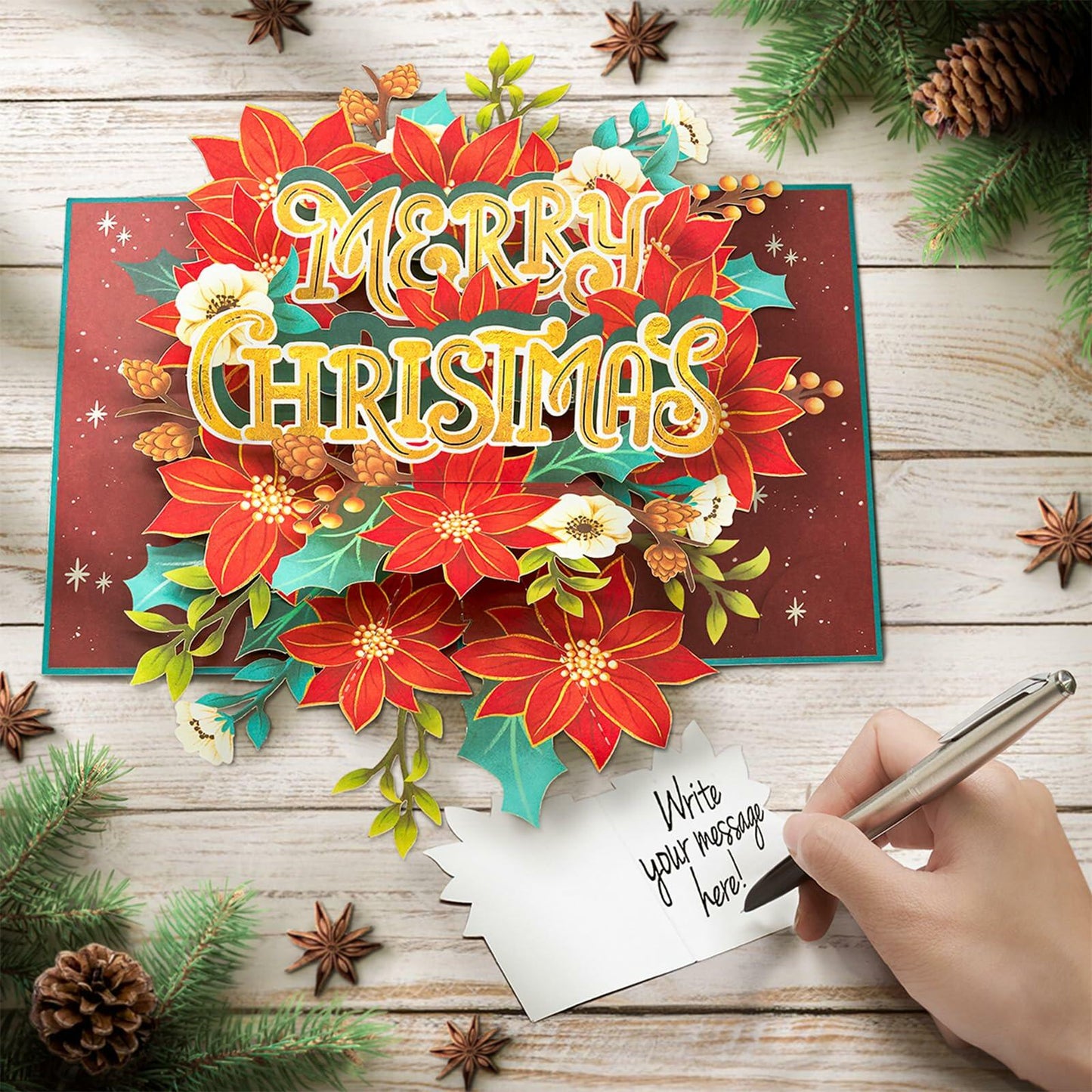 POPWOW Christmas Floral Poinsettia 3D Pop Up Card 5x7 with Envelope