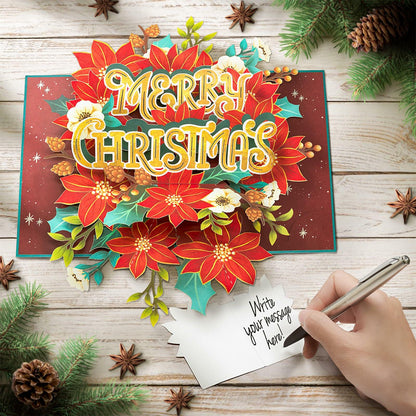 POPWOW Christmas Floral Poinsettia 3D Pop Up Card 5x7 with Envelope
