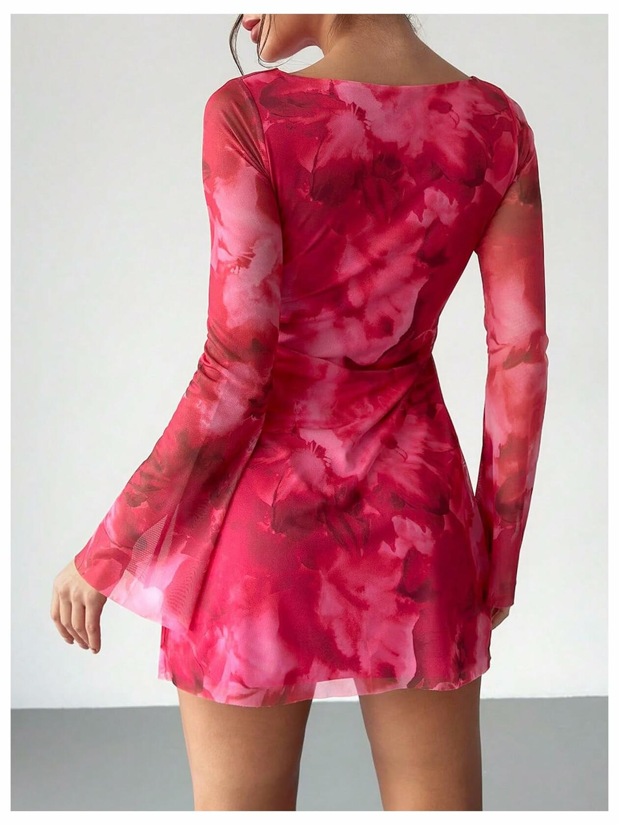 Milumia Women's Floral Bell Sleeve Mini Dress Boat Neck Pink Size M