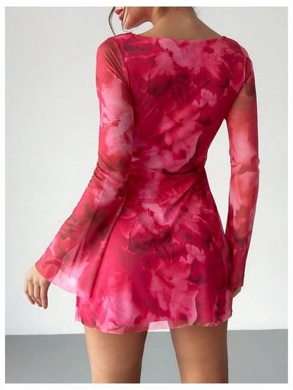 Milumia Women's Floral Bell Sleeve Mini Dress Boat Neck Pink Size M