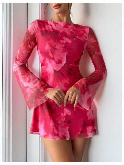 Milumia Women's Floral Bell Sleeve Mini Dress Boat Neck Pink Size M