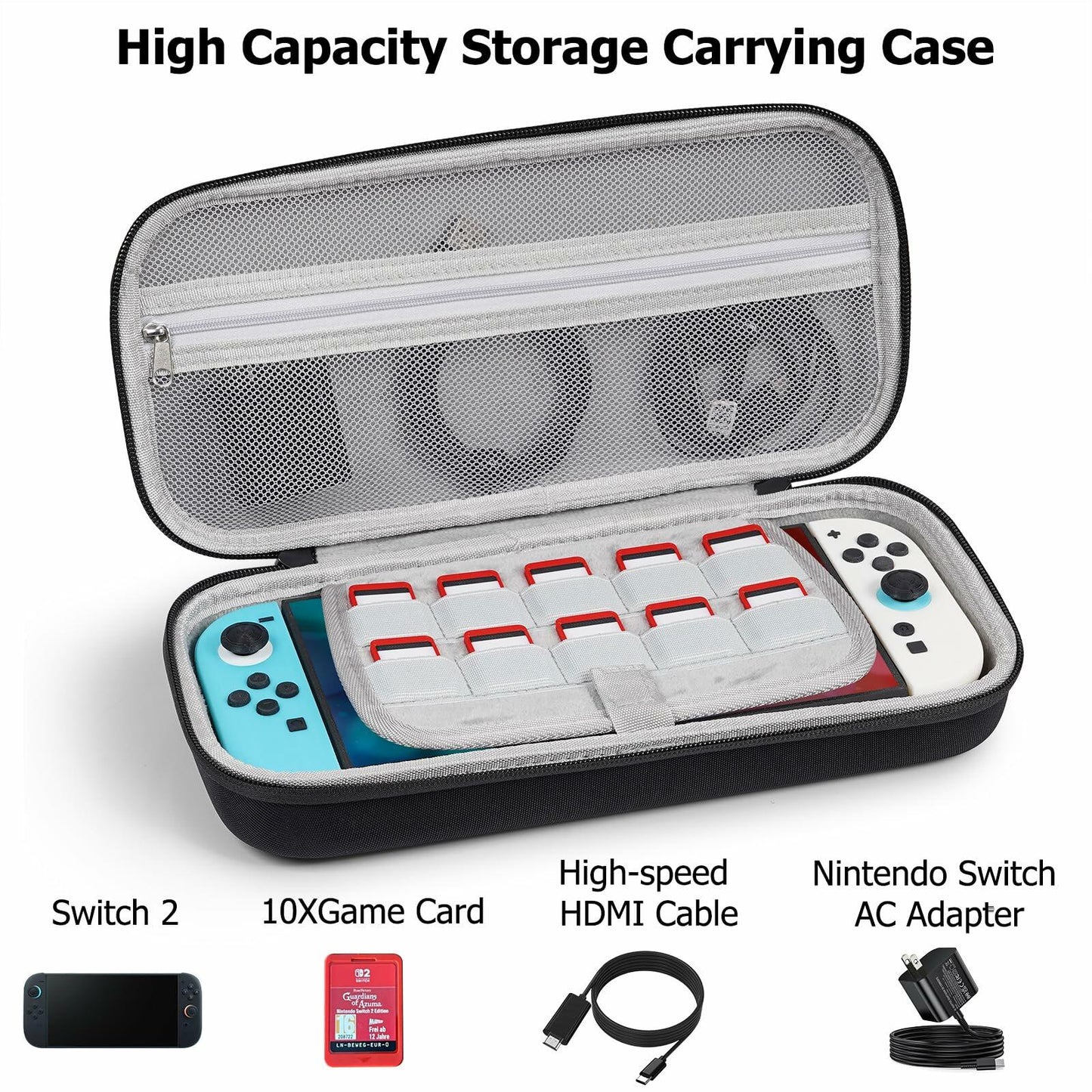 TIGOJH Switch 2 Carry Case with 10 Game Slots & Accessory Pocket Black