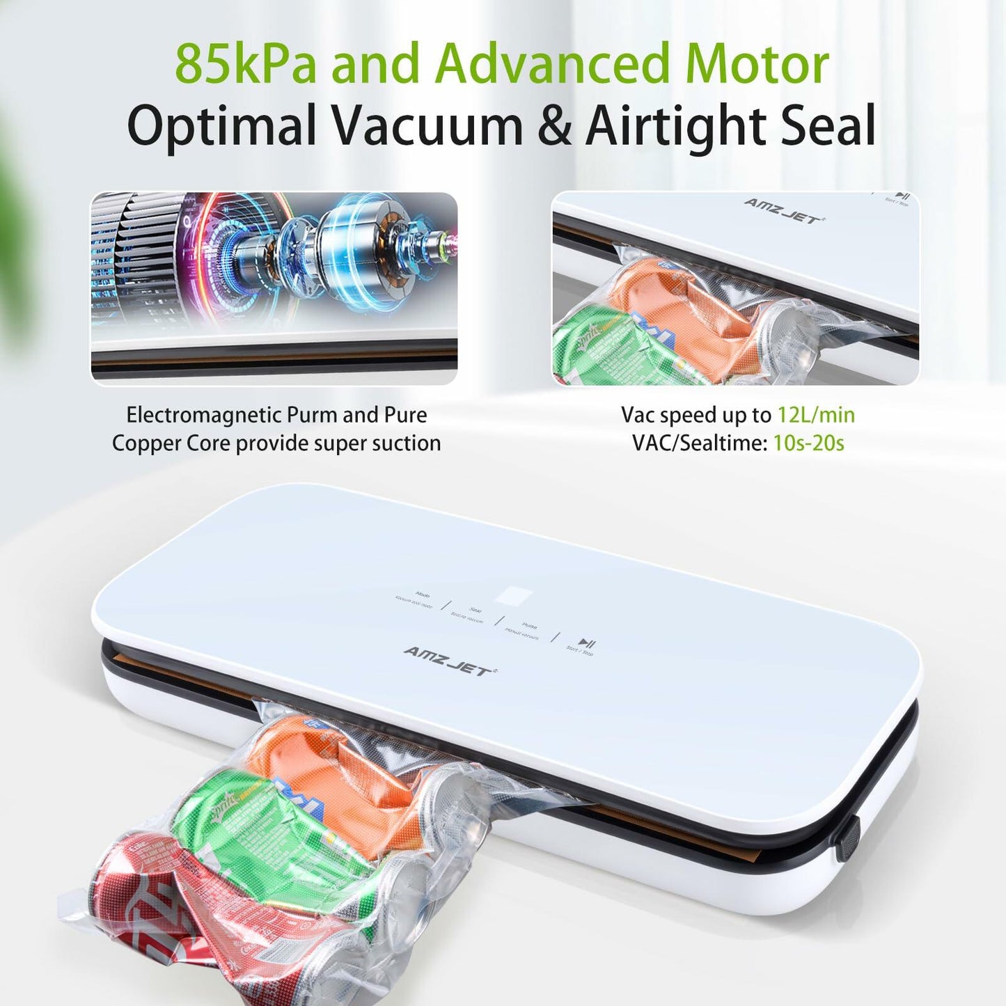 Amz Jet Vacuum Sealer Food LED Touch Digital White 50 Bags Included
