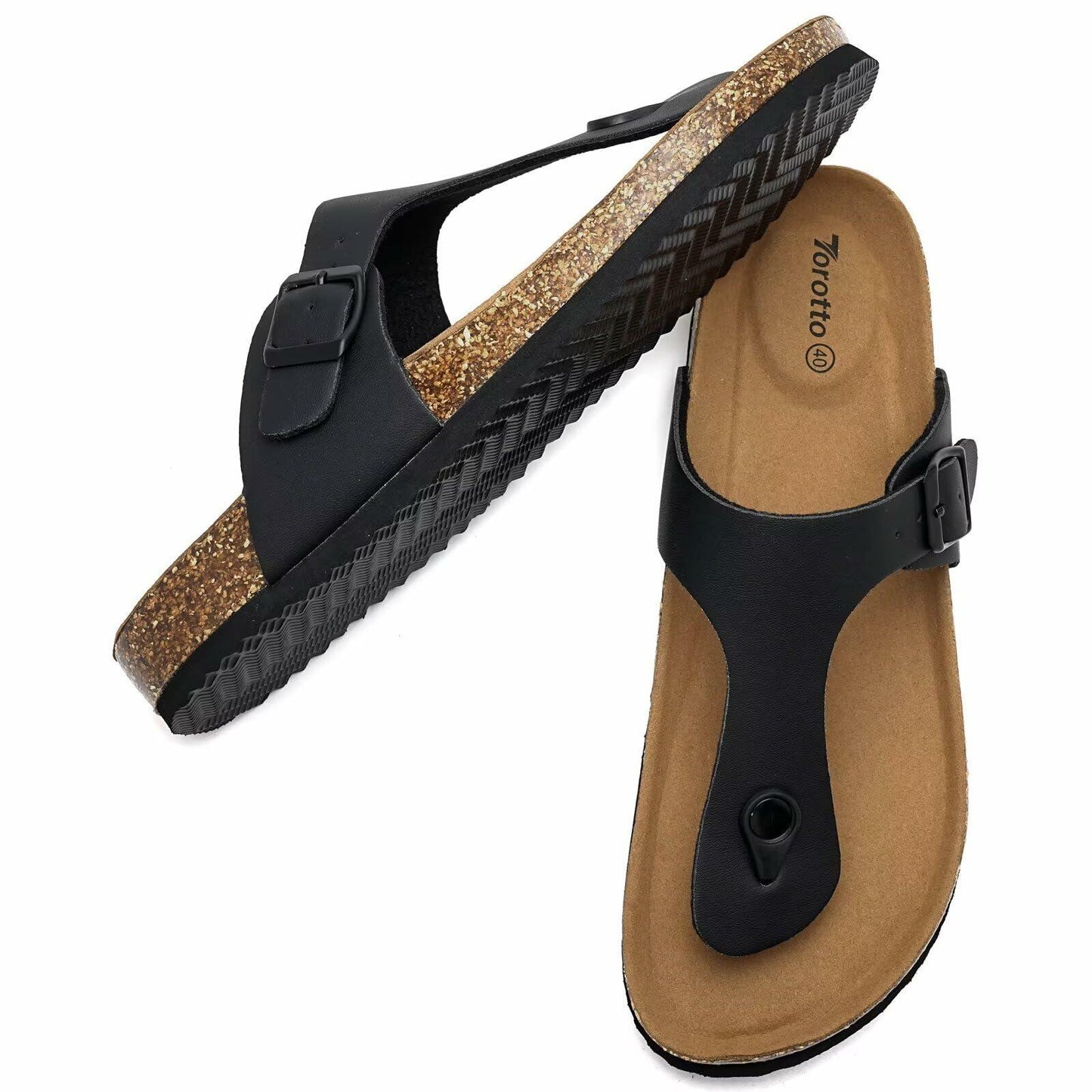Torotto Flip Flops Thong Sandals Cork Footbed Adjustable Black Size 44