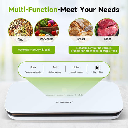 Amz Jet Vacuum Sealer Food LED Touch Digital White 50 Bags Included