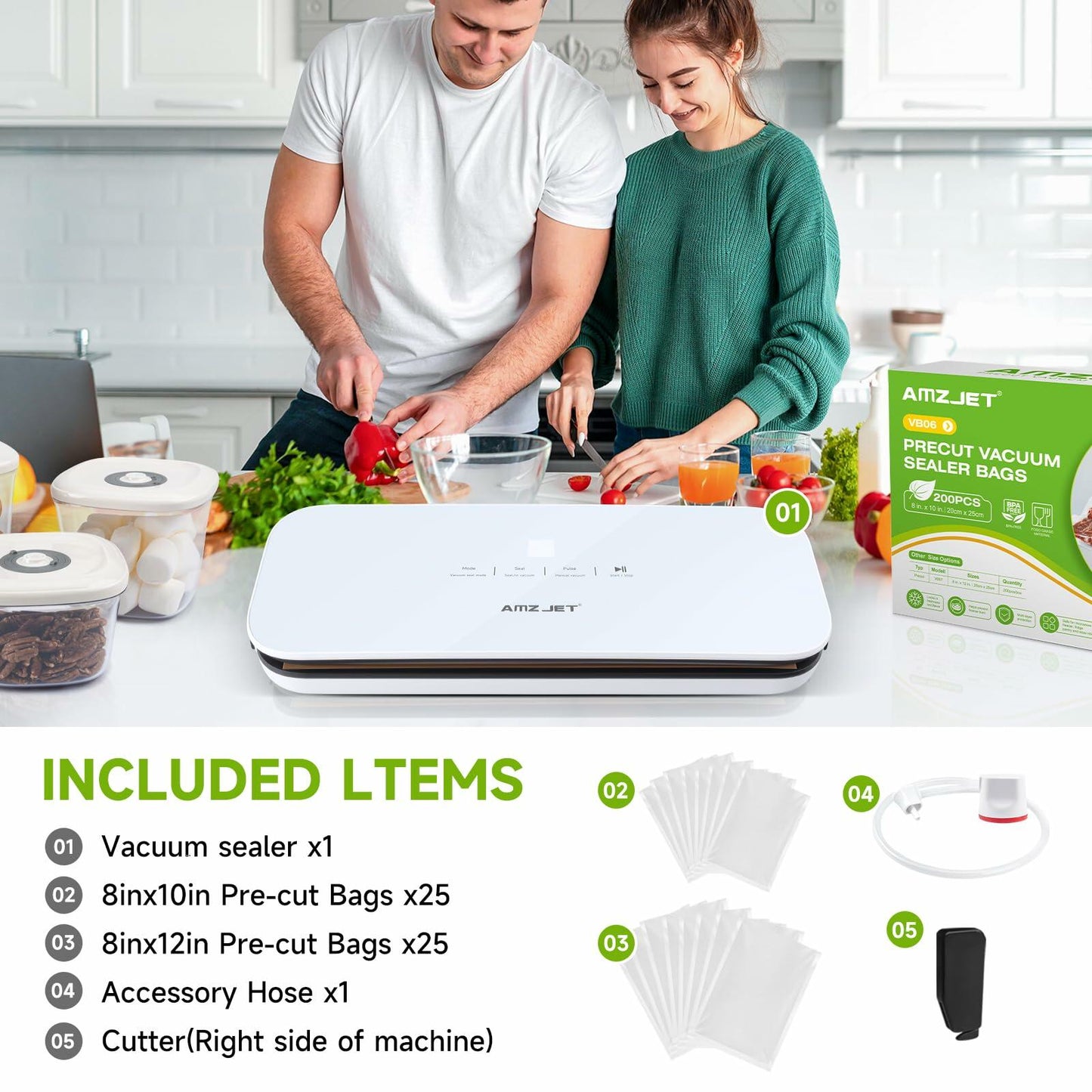 Amz Jet Vacuum Sealer Food LED Touch Digital White 50 Bags Included