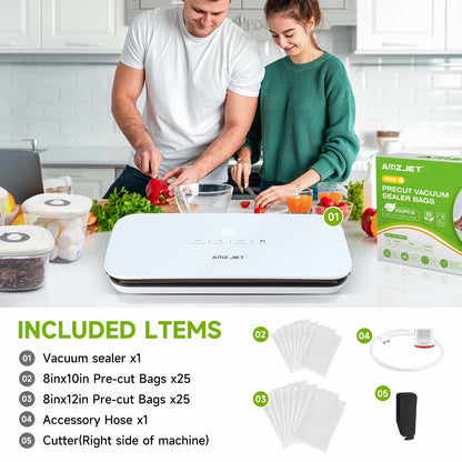 Amz Jet Vacuum Sealer Food LED Touch Digital White 50 Bags Included