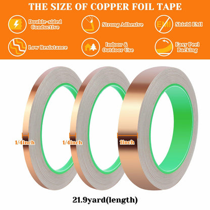 Oubaka 3 Pack Double-Sided Copper Foil Tape 1/4",1/4",1" EMI Shielding