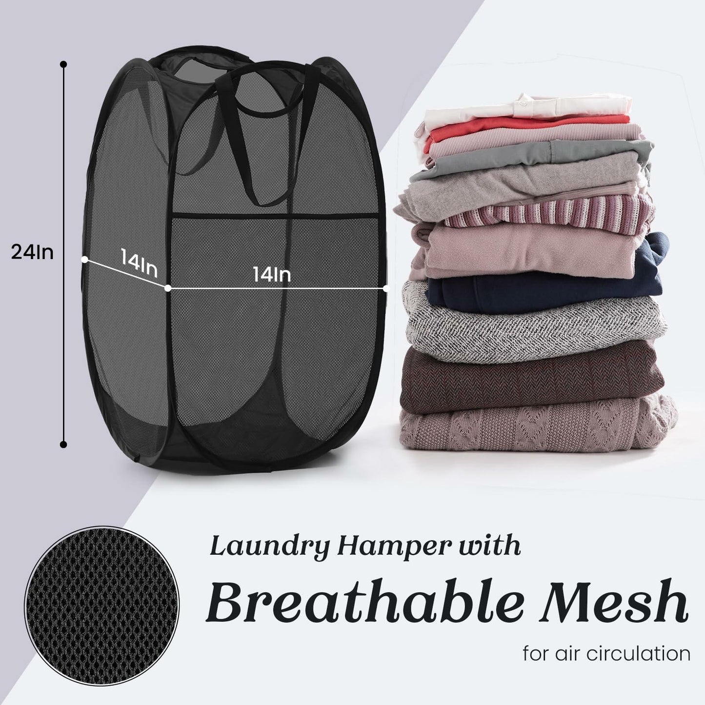 TECHMILLY Collapsible Mesh Laundry Hamper Pop Up w/Handles 2 Pack Black
