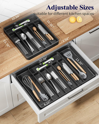 Kitsure Adjustable Cutlery Drawer Organizer Tray 7 Compartments Black