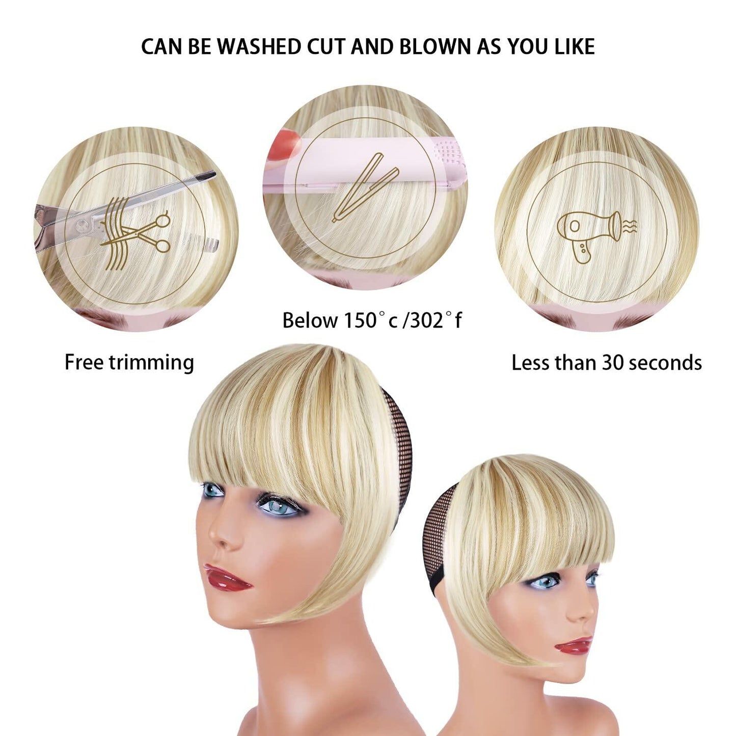 XRACEPHOL Blonde Bangs Clip-in Thick Natural Full Front Straight Hairpiece