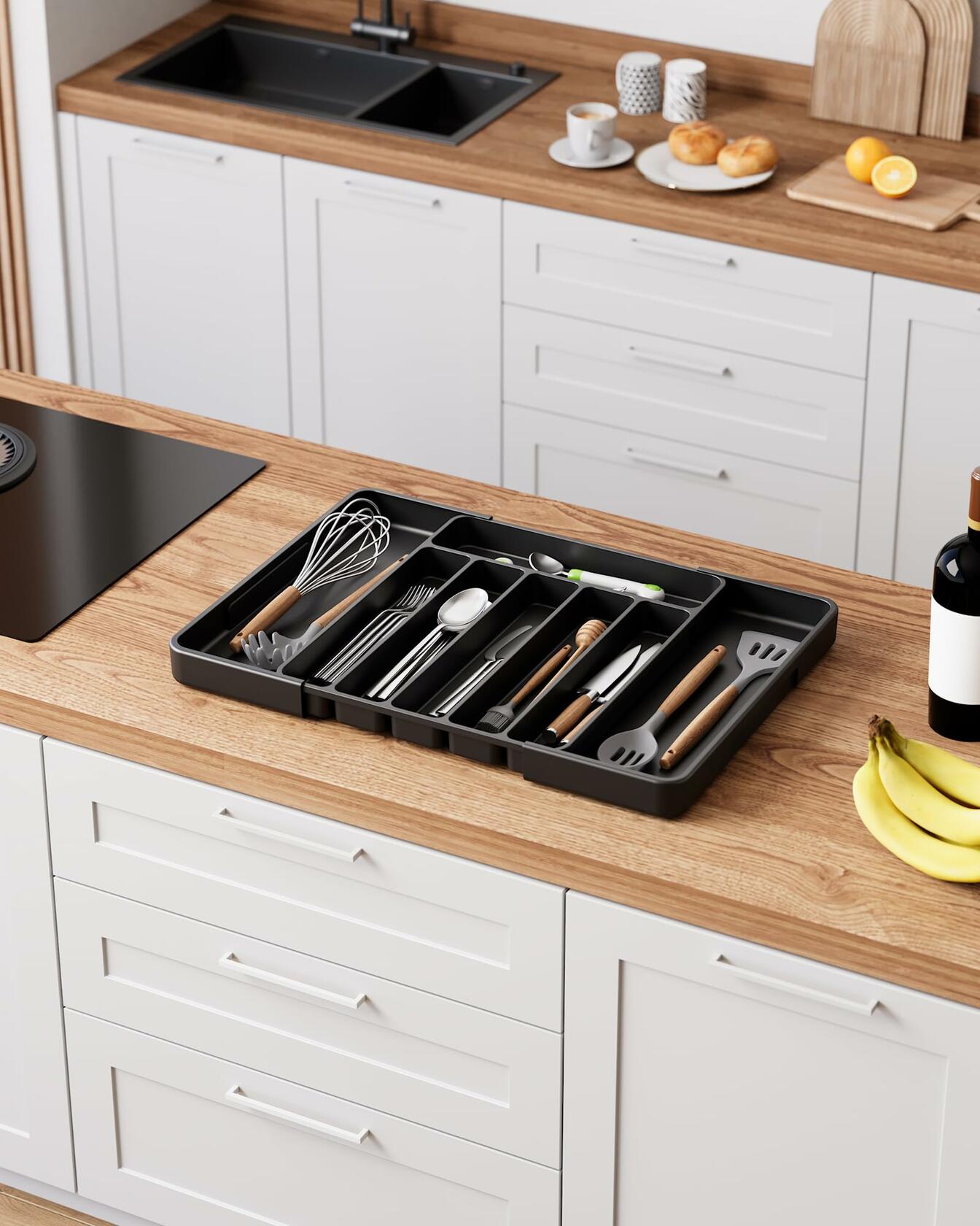 Kitsure Adjustable Cutlery Drawer Organizer Tray 7 Compartments Black