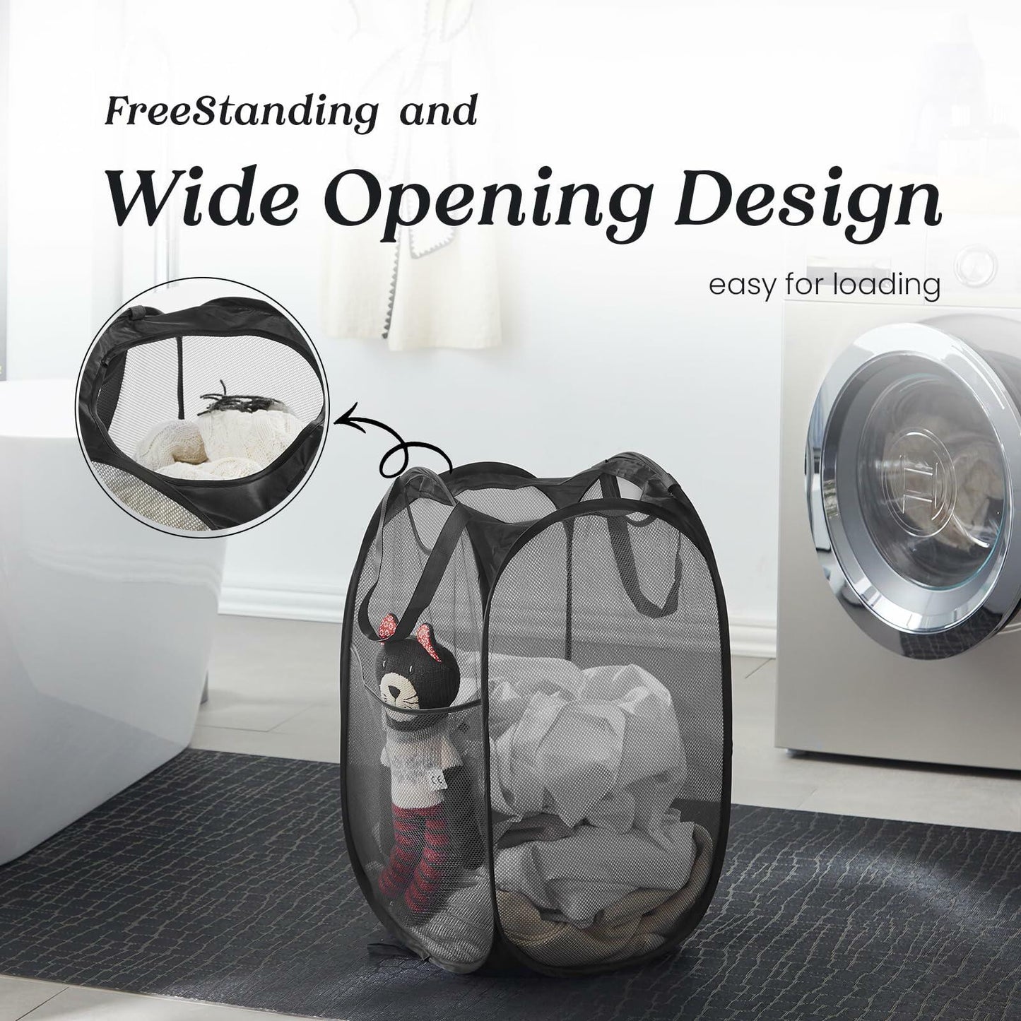 TECHMILLY Collapsible Mesh Laundry Hamper Pop Up w/Handles 2 Pack Black