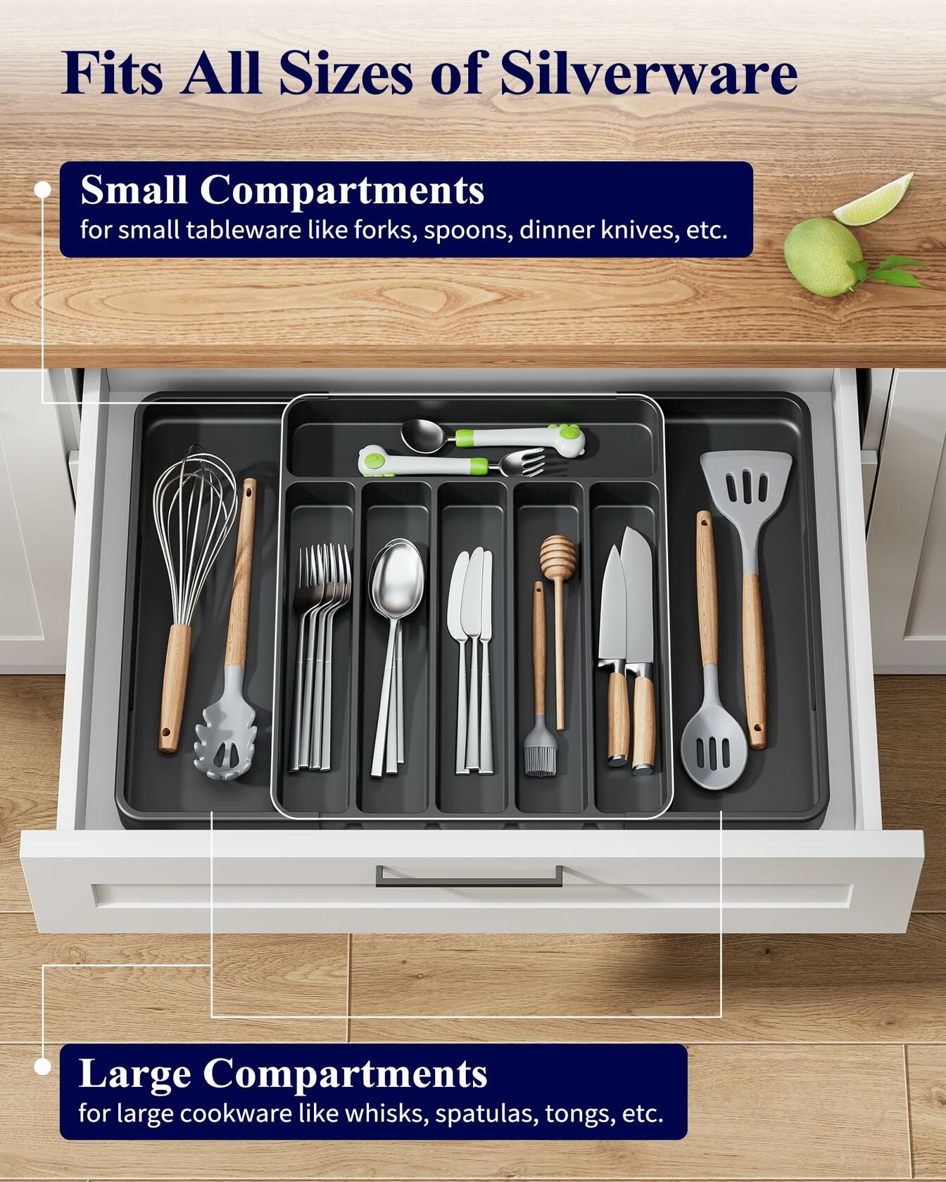 Kitsure Adjustable Cutlery Drawer Organizer Tray 7 Compartments Black