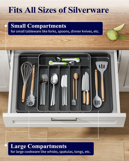 Kitsure Adjustable Cutlery Drawer Organizer Tray 7 Compartments Black