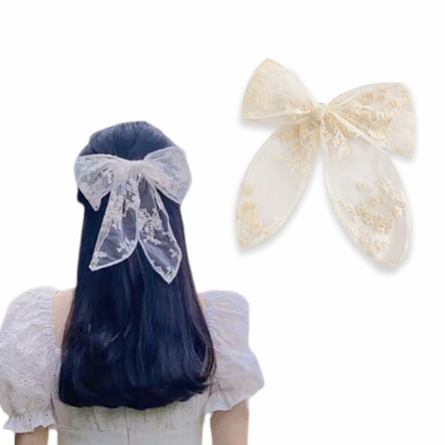ASIJUNTYECHO Large Lace Hair Bows for Girls Women Tulle Jacquard Clips