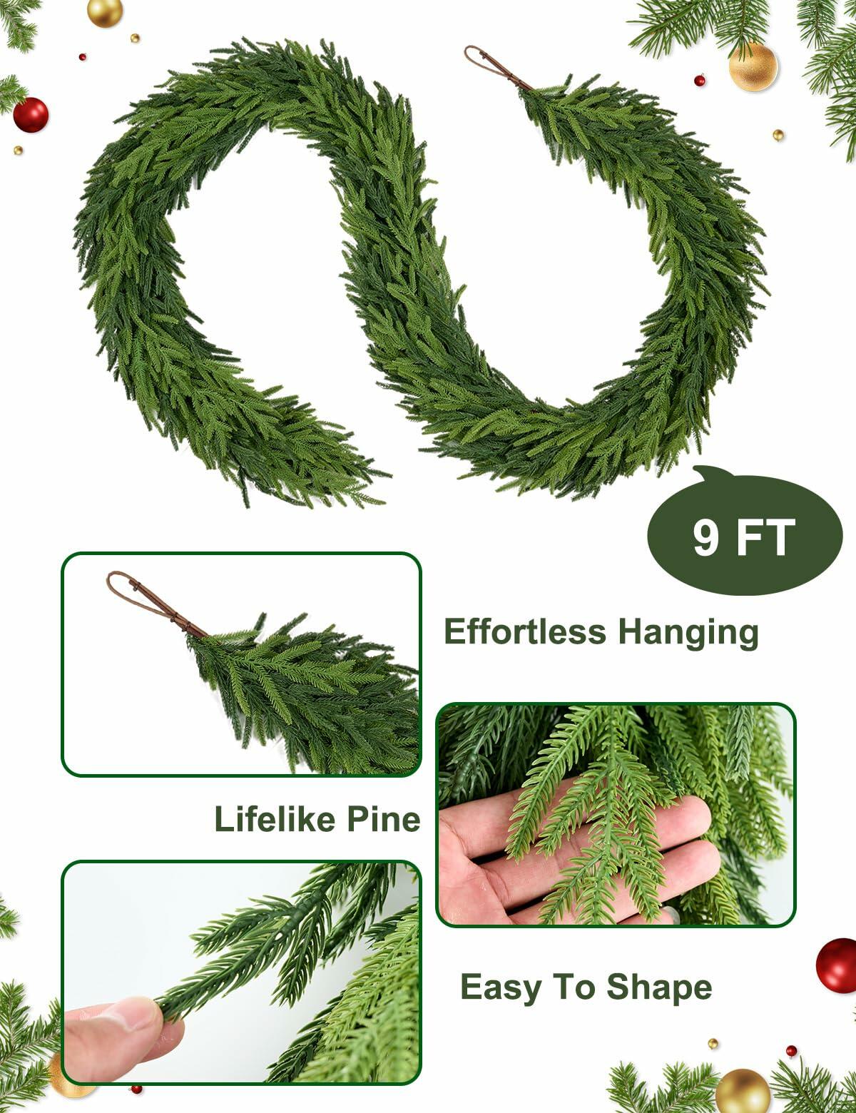 Aurdox 9FT Real Touch Norfolk Pine Garland Green Artificial Christmas