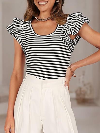 ZESICA Women's Ruffle Short Sleeve Striped Tee Black Size XL