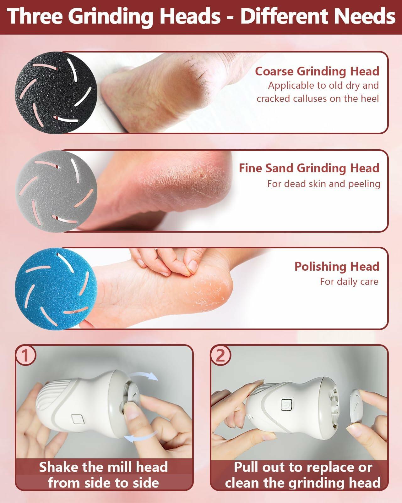 NKJVE Electric Foot File Callus Remover 3 Heads 2 Speed White Rechargeable