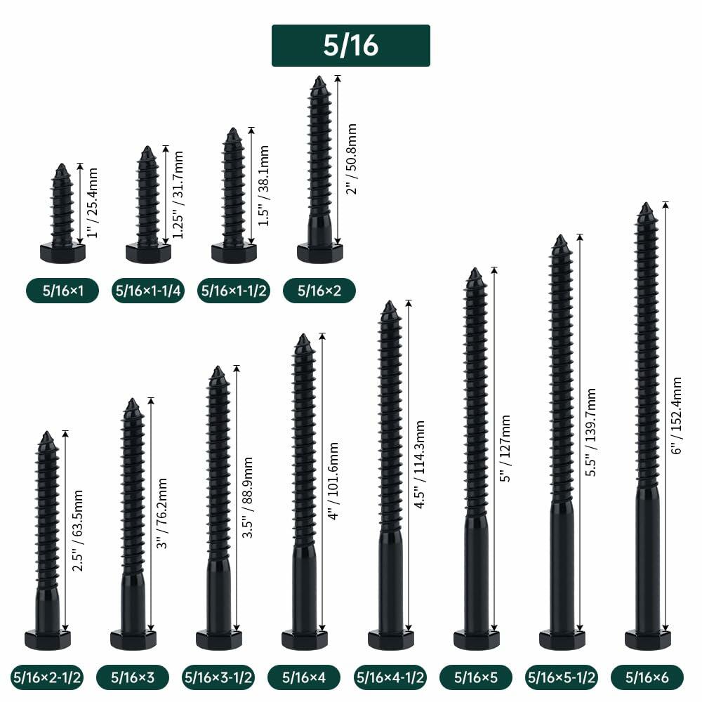 Fayeploo 5/16x2 Black Hex Head Lag Screws 304 Stainless Steel 10 pcs
