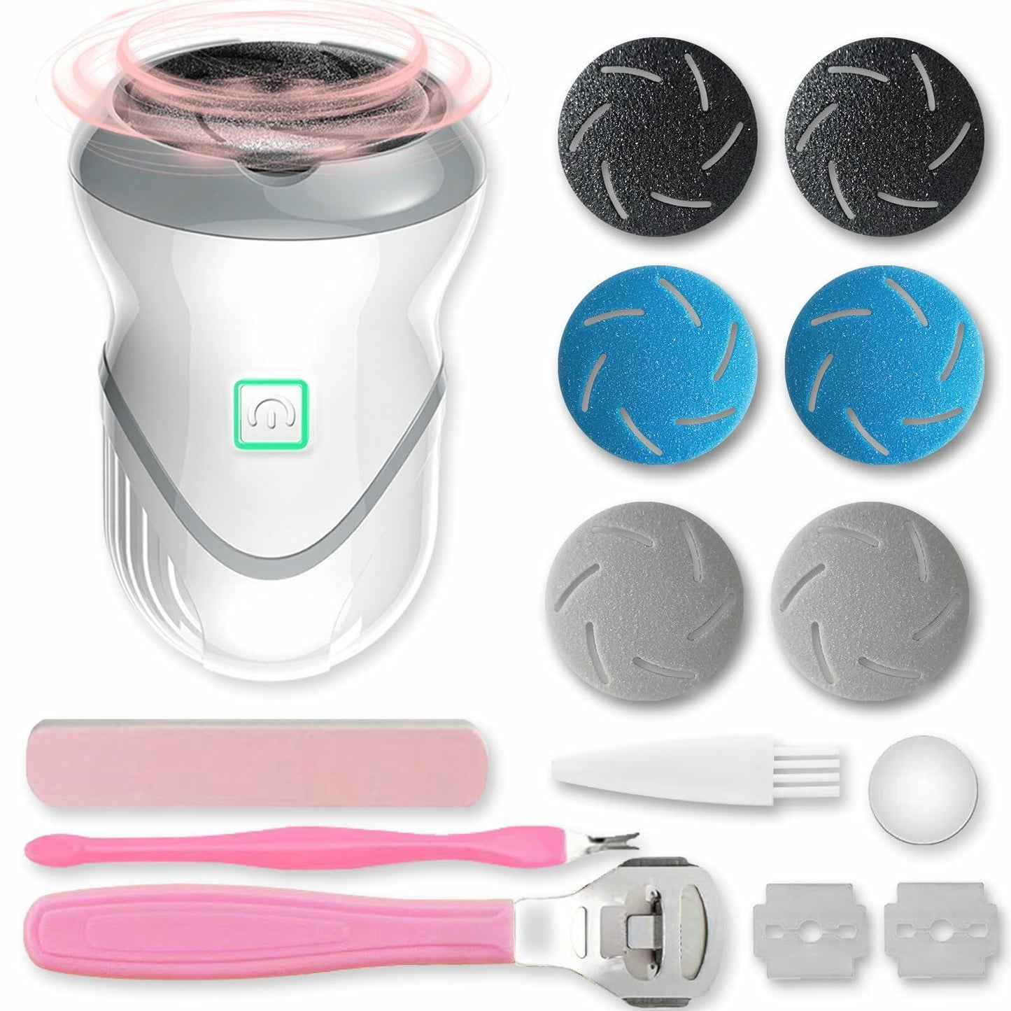 NKJVE Electric Foot File Callus Remover 3 Heads 2 Speed White Rechargeable