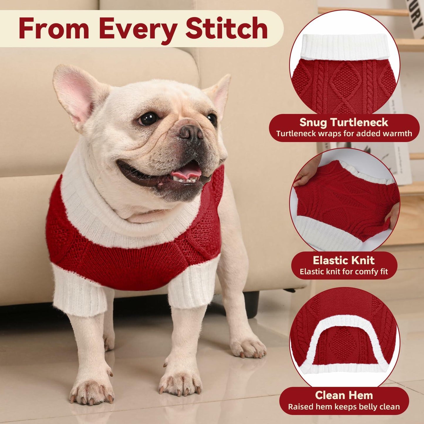 KCFESTIHUE Dog Sweater Argyle Cable Knit Turtleneck Red Size M