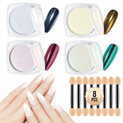 MEFA White Pearl Chrome Nail Powder 4 pcs Mirror Effect Pearlescent Pigment