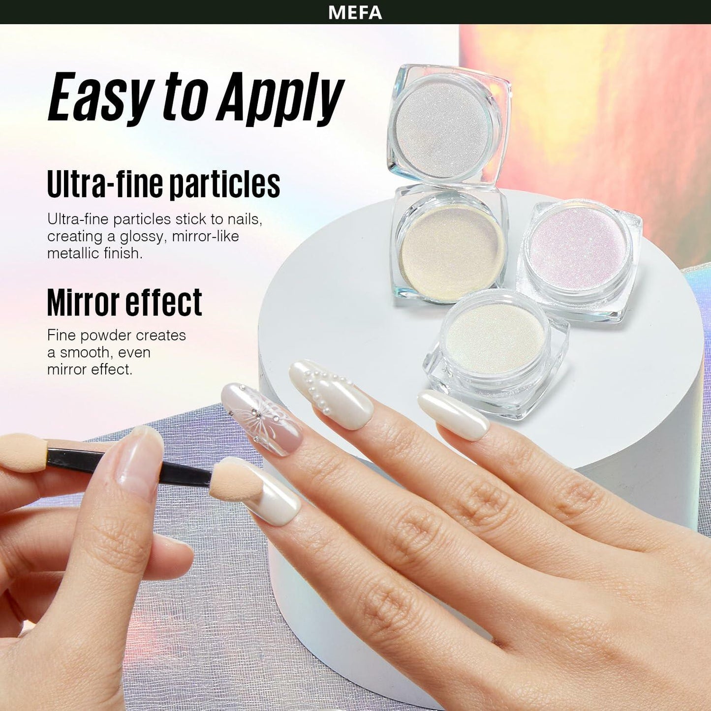 MEFA White Pearl Chrome Nail Powder 4 pcs Mirror Effect Pearlescent Pigment
