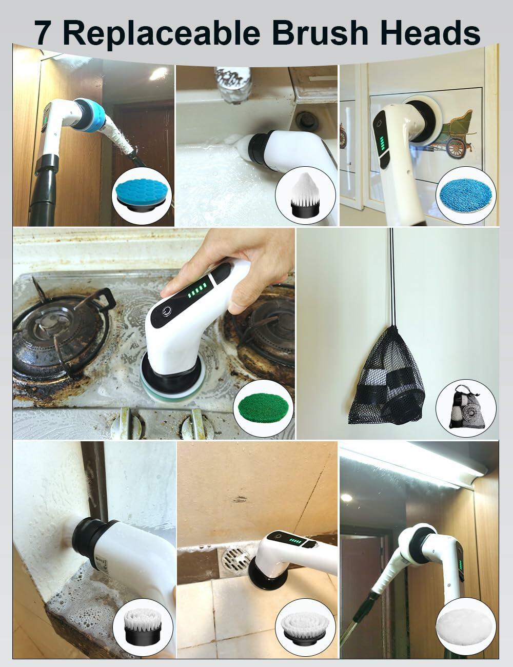 Qeffmion Electric Spin Scrubber Cordless Power Brush 7 Heads Black White
