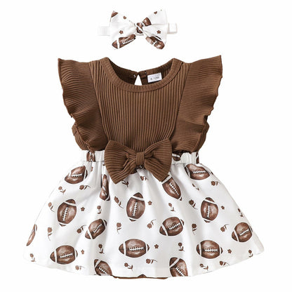 Chichoo Baby Girl Football Ruffle Sleeveless Romper Dress Headband Size 12-18M