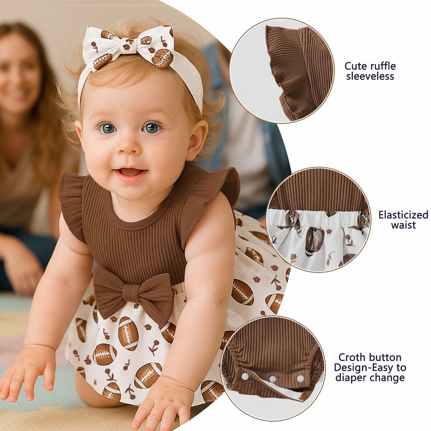 Chichoo Baby Girl Football Ruffle Sleeveless Romper Dress Headband Size 12-18M