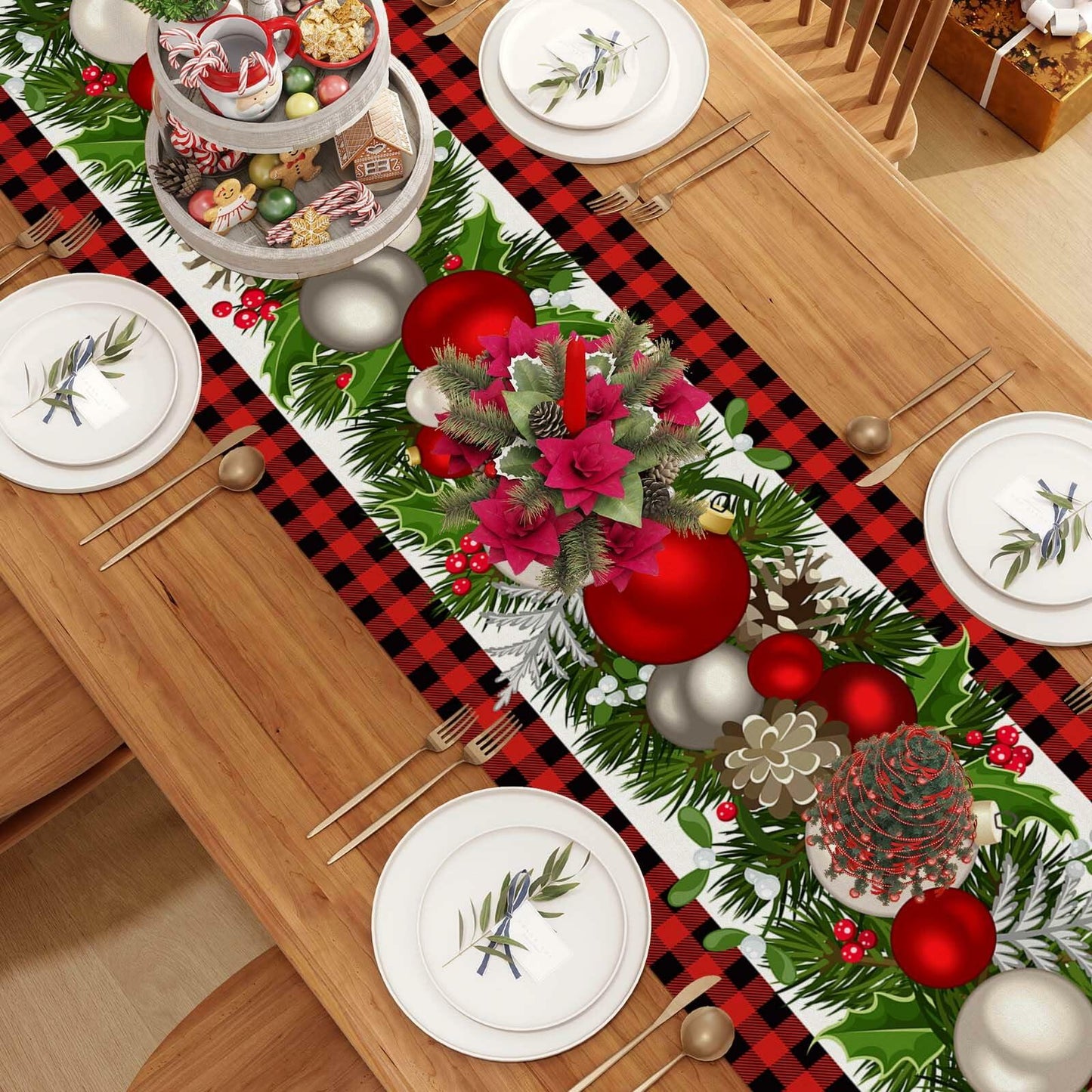 Jiudungs Linen Buffalo Check Plaid Table Runner 108in Black White