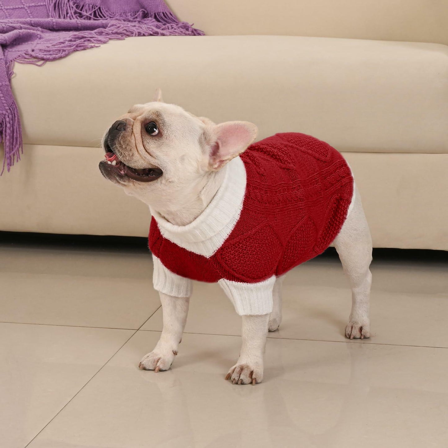 KCFESTIHUE Dog Sweater Argyle Cable Knit Turtleneck Red Size M