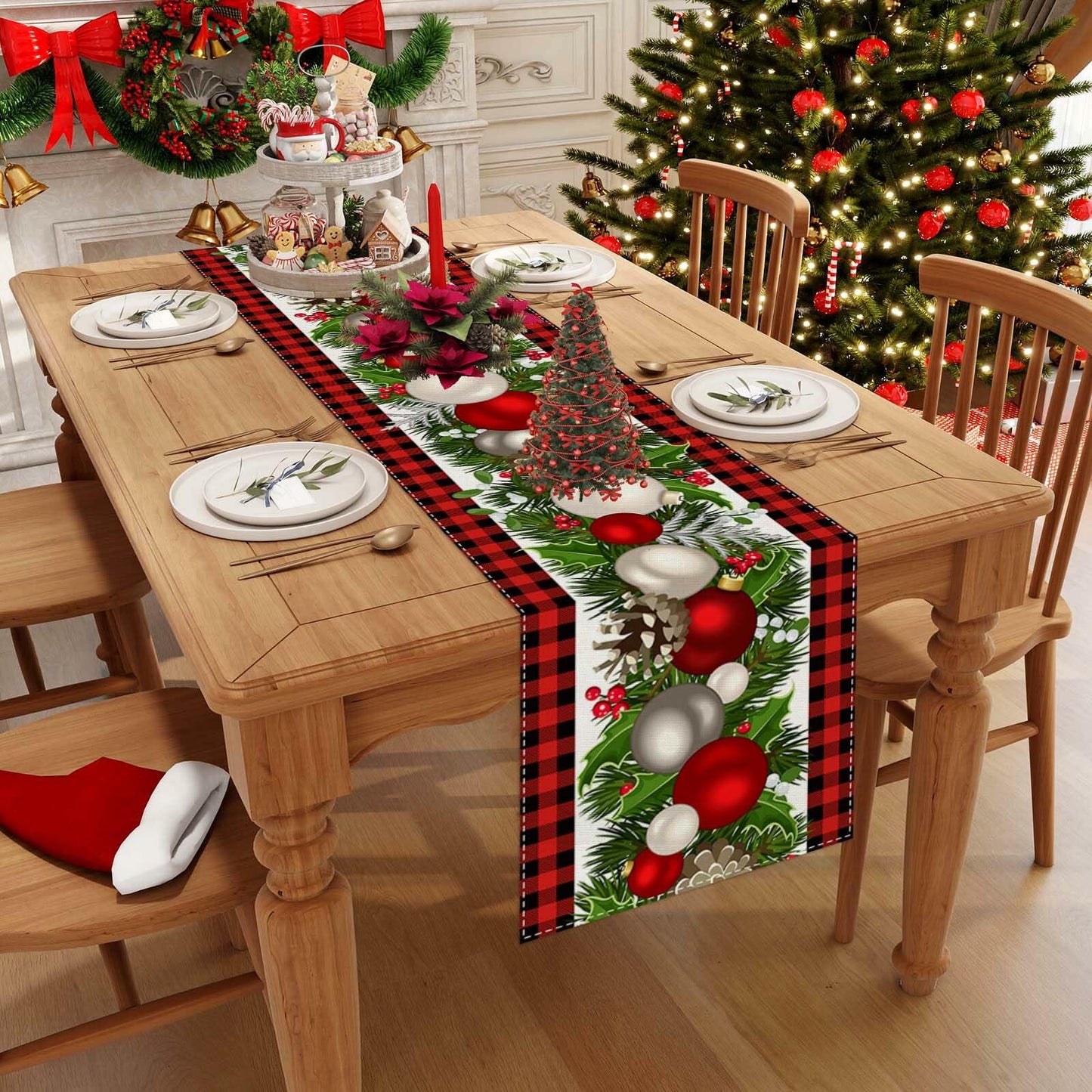 Jiudungs Linen Buffalo Check Plaid Table Runner 108in Black White