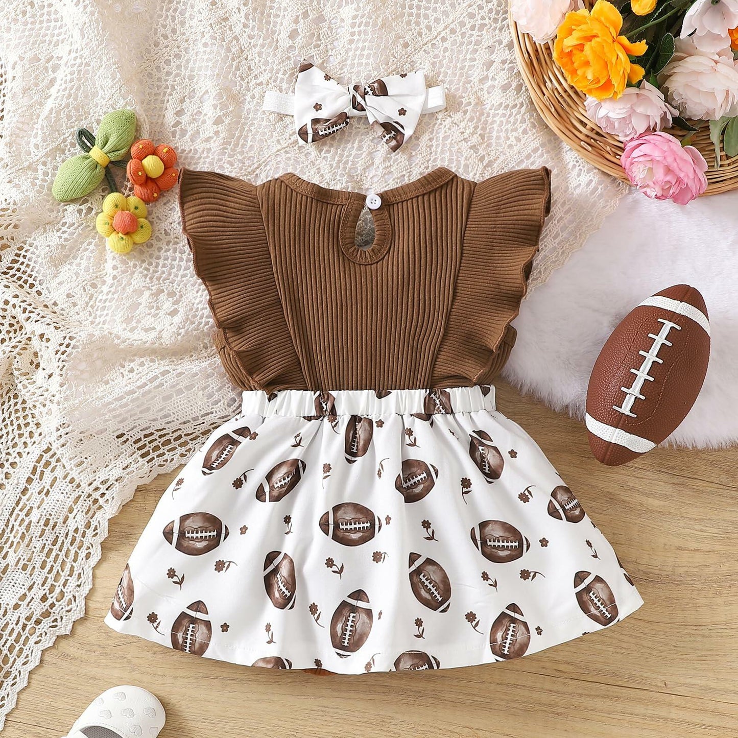 Chichoo Baby Girl Football Ruffle Sleeveless Romper Dress Headband Size 12-18M